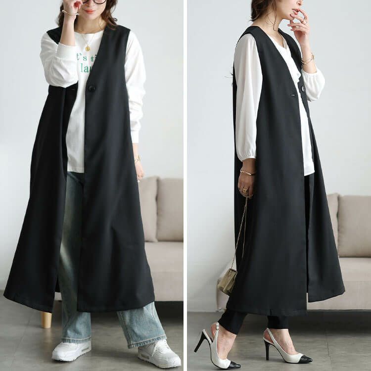 大きいサイズ レディース 深Vネックロングジレ