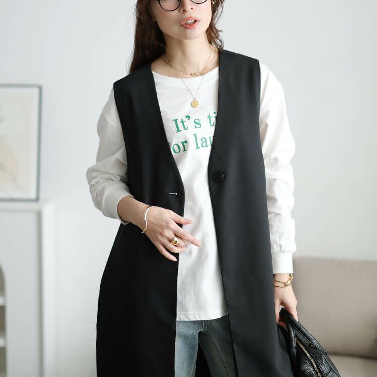 大きいサイズ レディース 深Vネックロングジレ