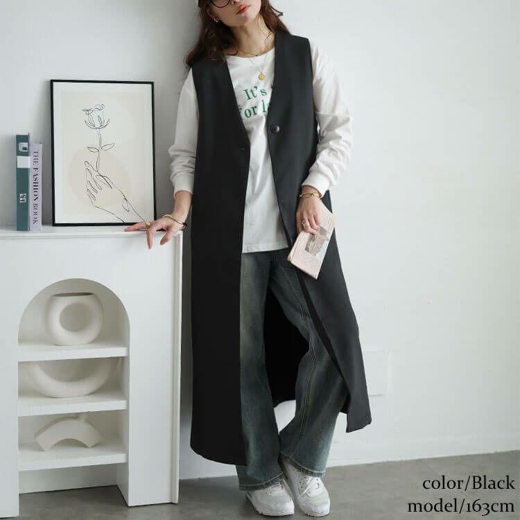 大きいサイズ レディース 深Vネックロングジレ ブラック