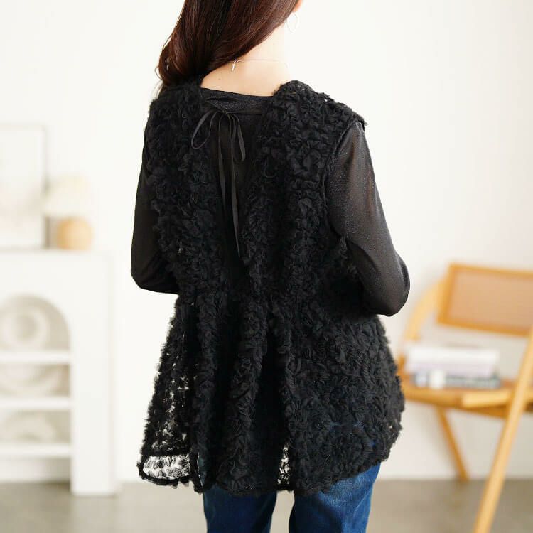 大きいサイズ レディース チュール刺繍ペプラムベスト＆シアーラメロンT2点セット