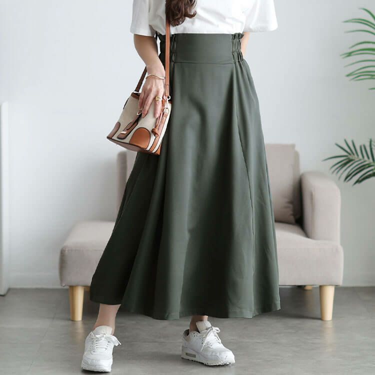 大きいサイズ レディース ストレッチツイルハイウエストフレアスカート グリーン