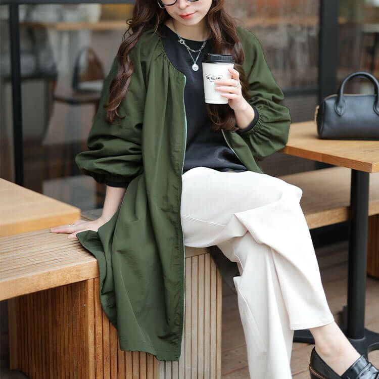 大きいサイズ レディース 撥水ギャザー裾ドロストロングブルゾン カーキ