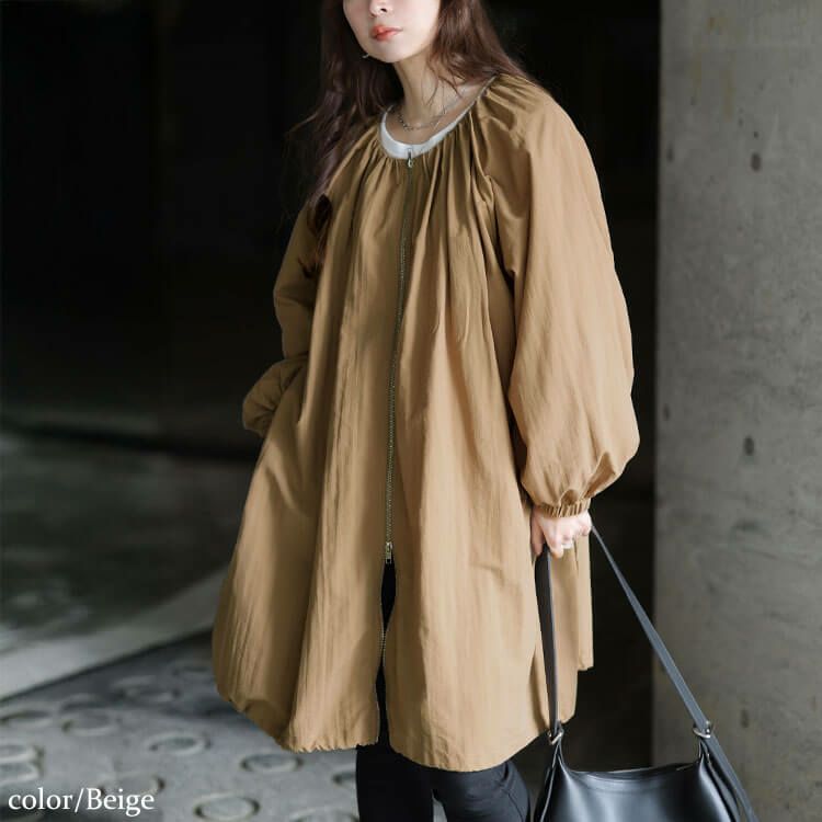 大きいサイズ レディース 撥水ギャザー裾ドロストロングブルゾン ベージュ