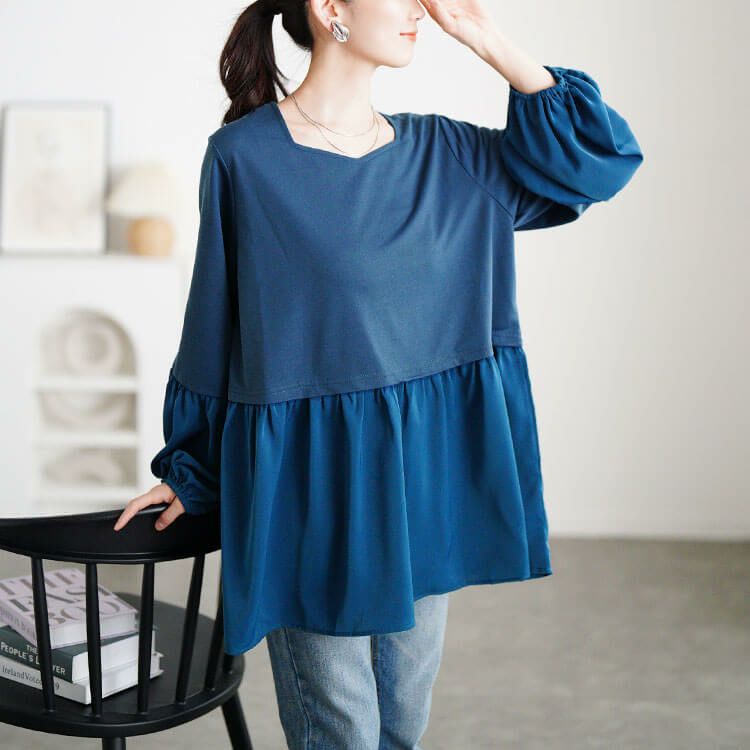 大きいサイズ レディース ヴィラーゴスリーブ異素材チュニック ネイビー