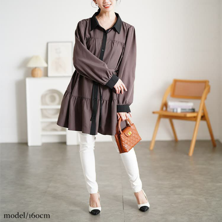 大きいサイズ レディース ベルト付きバイカラーティアードチュニック