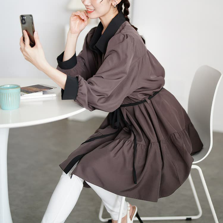 大きいサイズ レディース ベルト付きバイカラーティアードチュニック