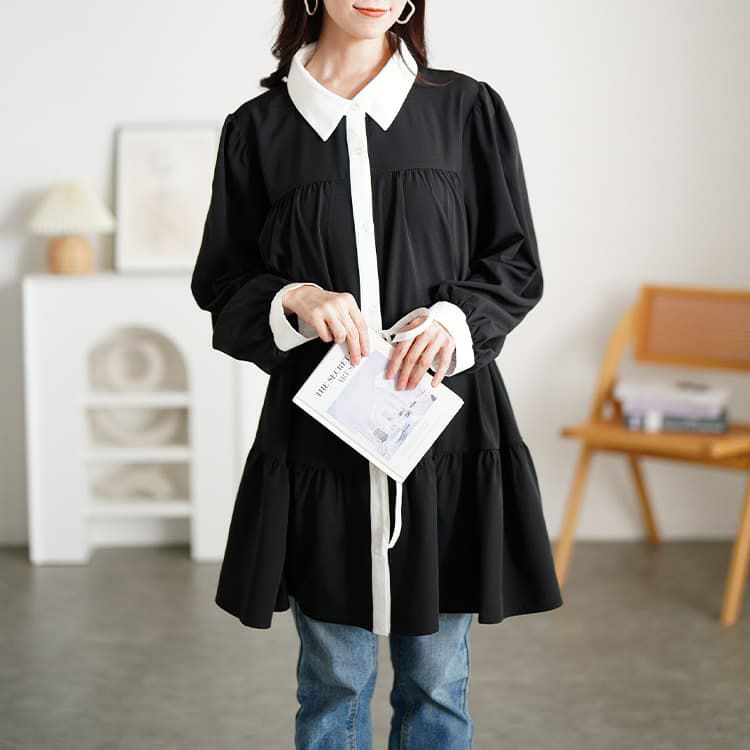 大きいサイズ レディース ベルト付きバイカラーティアードチュニック