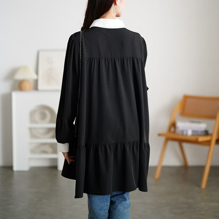 大きいサイズ レディース ベルト付きバイカラーティアードチュニック