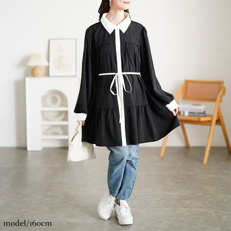 大きいサイズ レディース ベルト付きバイカラーティアードチュニック