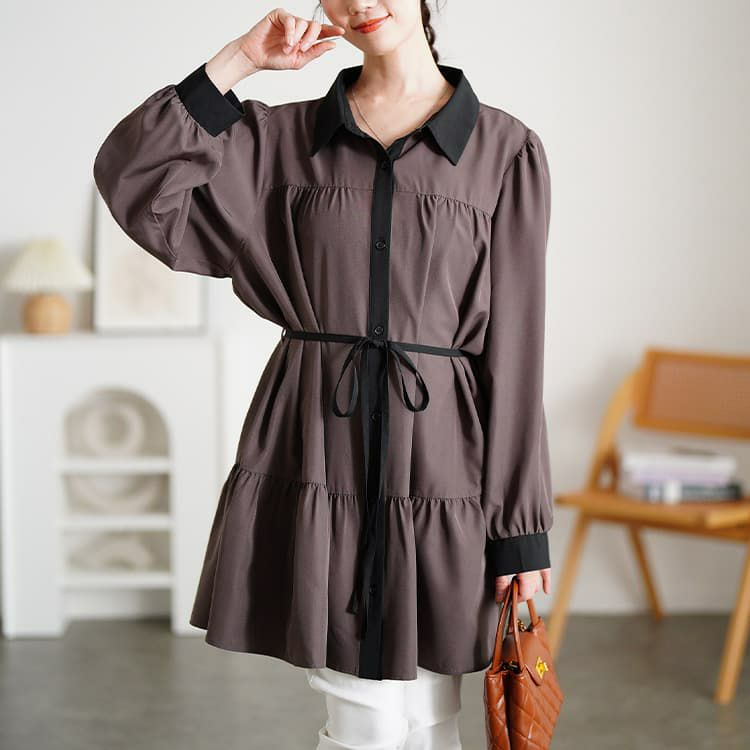 大きいサイズ レディース ベルト付きバイカラーティアードチュニック グレー×ブラック