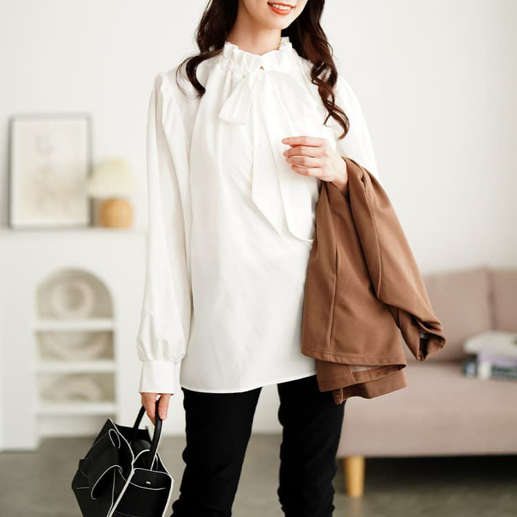 大きいサイズ レディース リボンタイフリルカラーブラウス