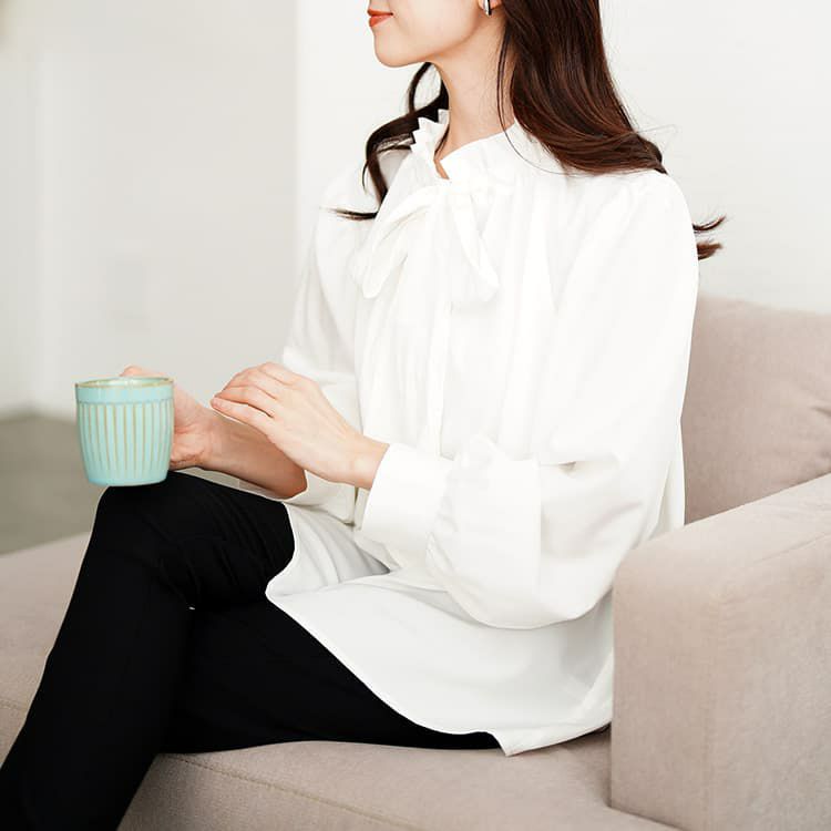 大きいサイズ レディース リボンタイフリルカラーブラウス