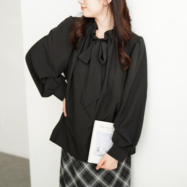 大きいサイズ レディース リボンタイフリルカラーブラウス ブラック