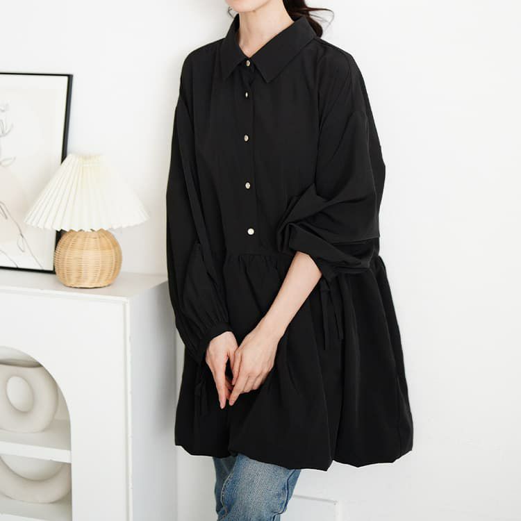大きいサイズ レディース リボンカフスバルーンペプラムチュニック