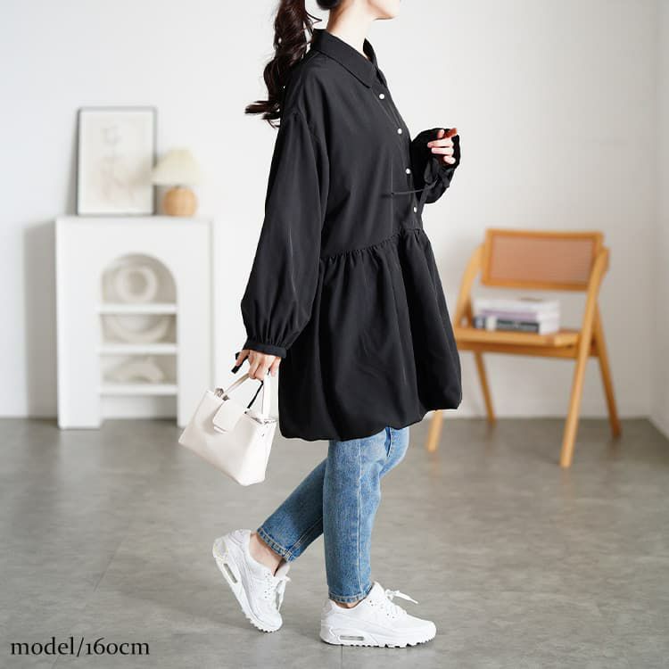 大きいサイズ レディース リボンカフスバルーンペプラムチュニック