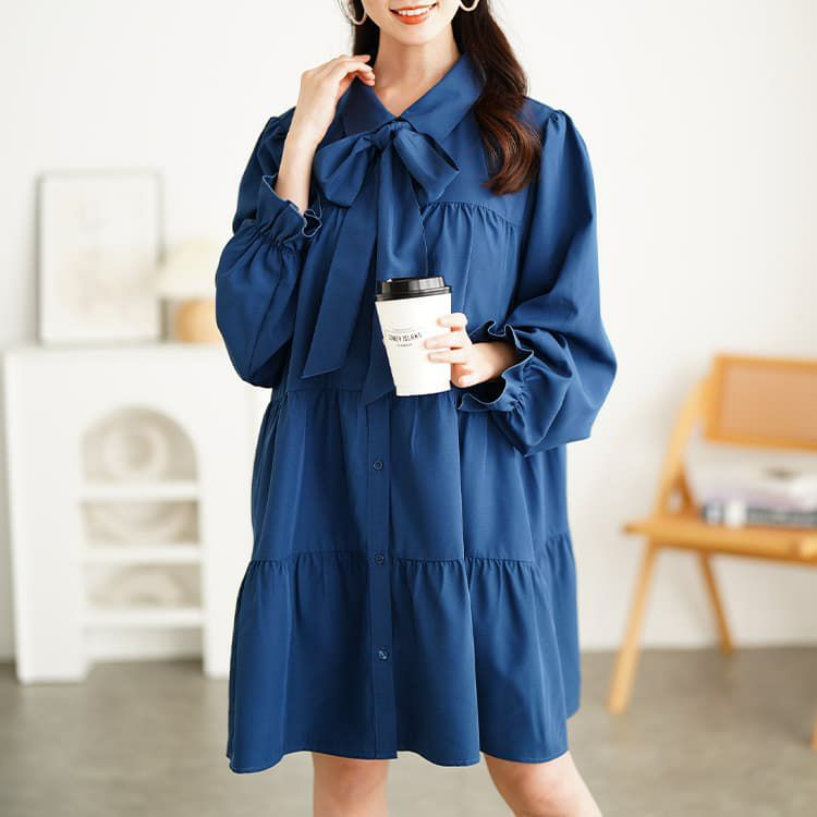 大きいサイズ レディース リボンタイ付きティアードシャツチュニック