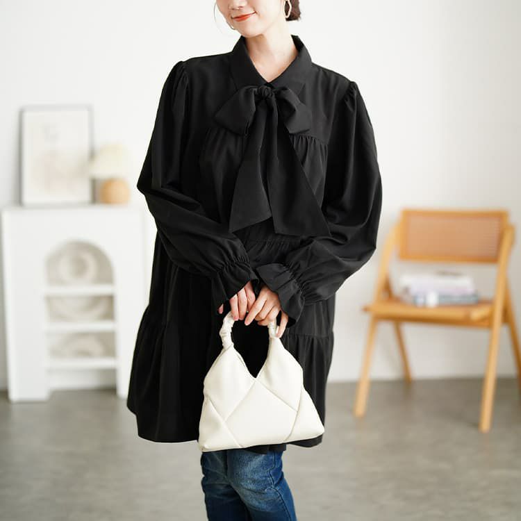 大きいサイズ レディース リボンタイ付きティアードシャツチュニック