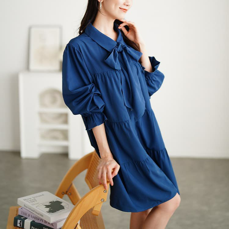 大きいサイズ レディース リボンタイ付きティアードシャツチュニック ブルー