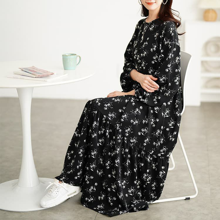 大きいサイズ レディース 花柄ティアードマキシワンピース