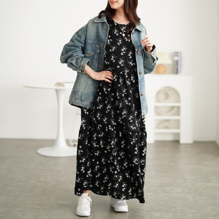 大きいサイズ レディース 花柄ティアードマキシワンピース