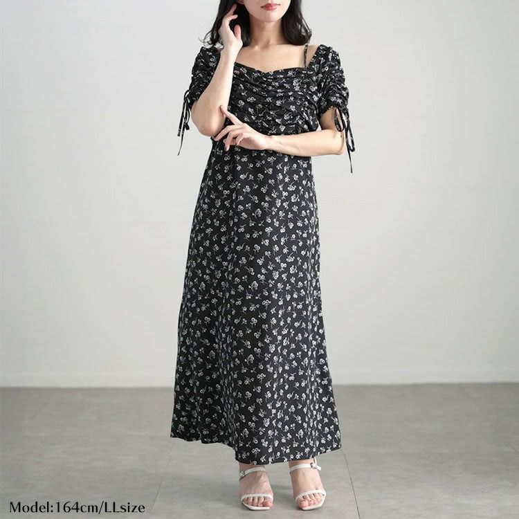 大きいサイズ レディース ギャザー花柄ワンピース