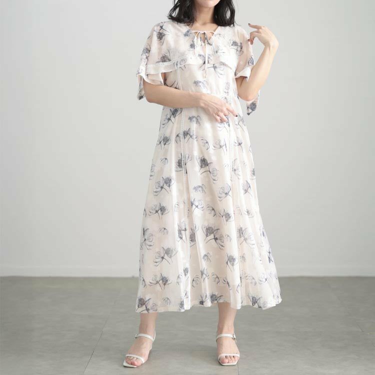 大きいサイズ レディース ケープスリーブフラワーワンピース