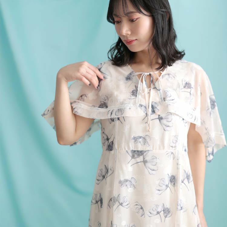 大きいサイズ レディース ケープスリーブフラワーワンピース