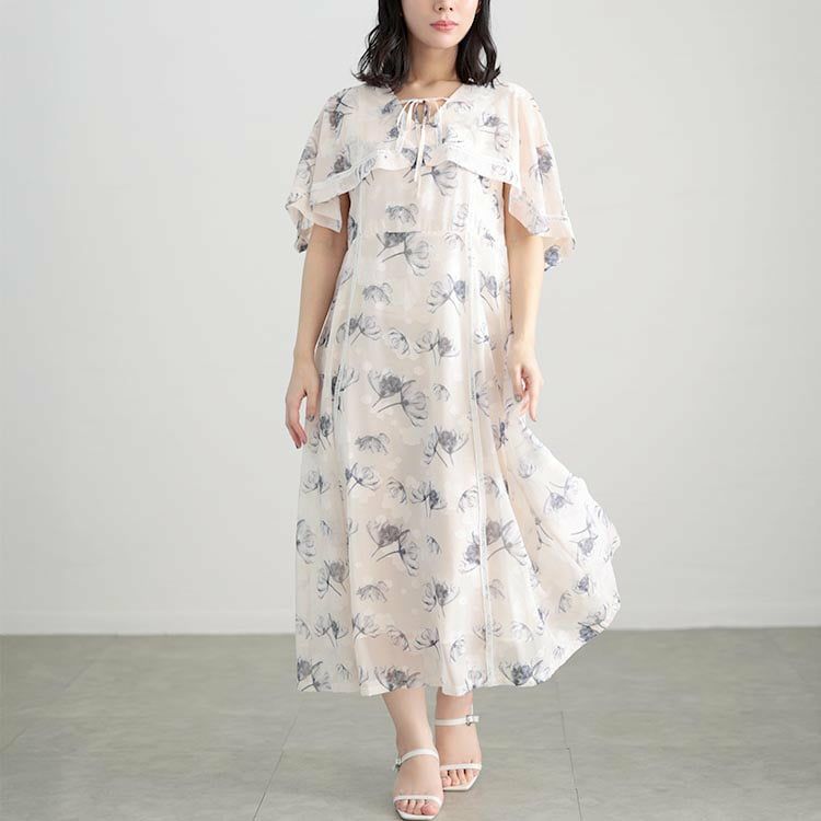 大きいサイズ レディース ケープスリーブフラワーワンピース アイボリー