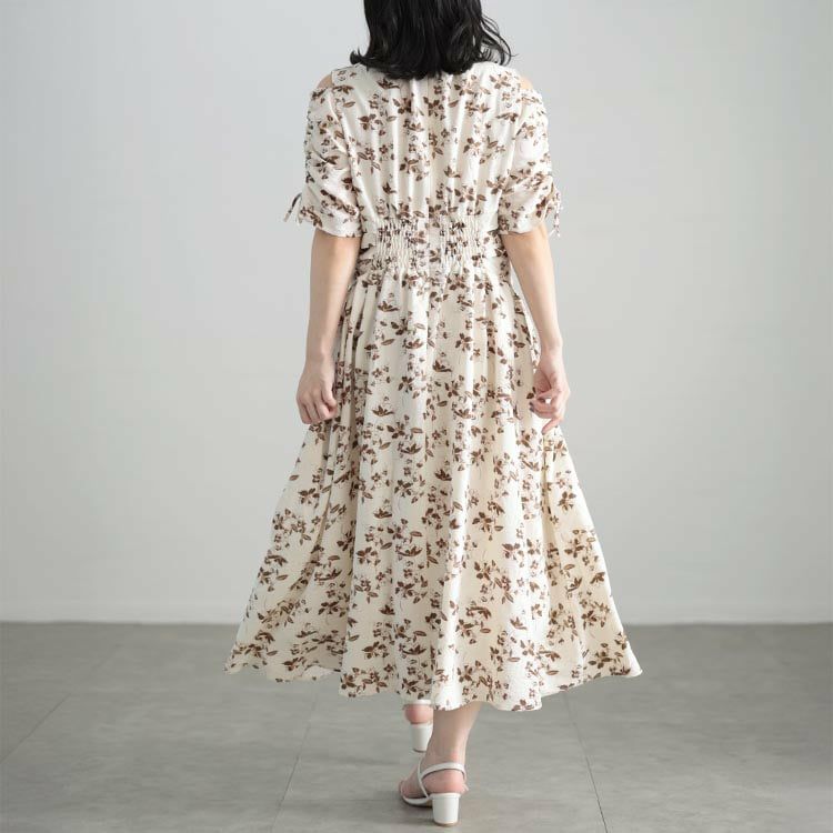 大きいサイズ レディース レトロフラワーウエストタックワンピース
