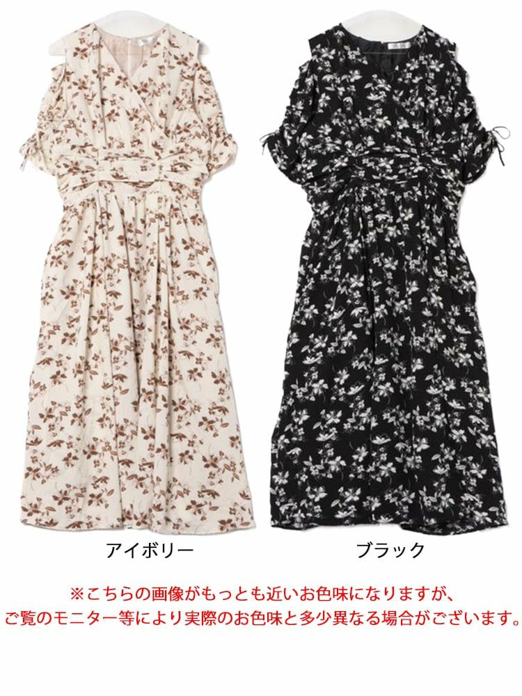 大きいサイズ レディース レトロフラワーウエストタックワンピース