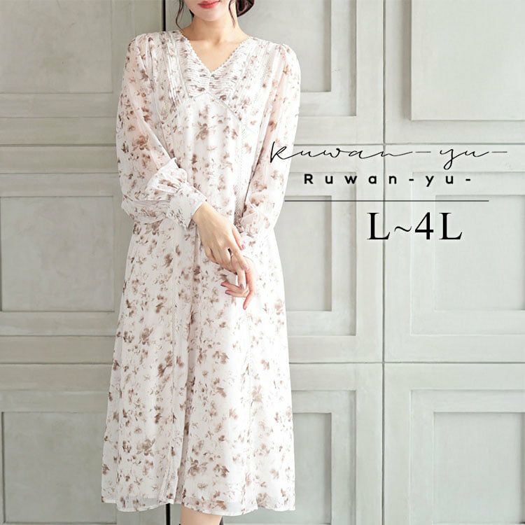 大きいサイズ レディース フラワープリントレース切替ワンピース