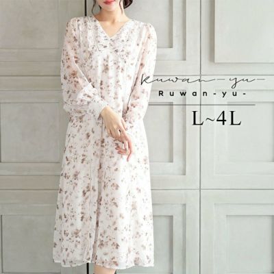 大きいサイズ レディース フラワープリントレース切替ワンピース