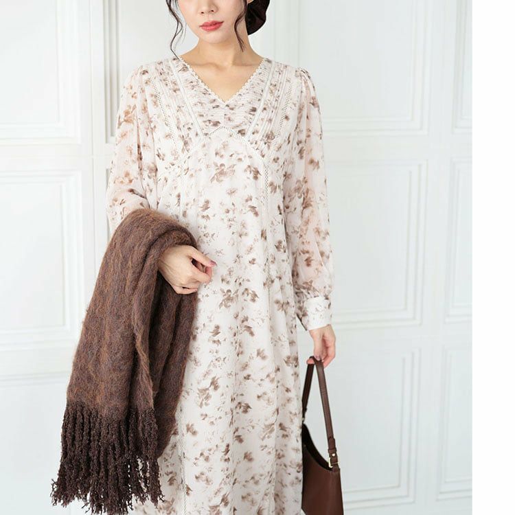 大きいサイズ レディース フラワープリントレース切替ワンピース