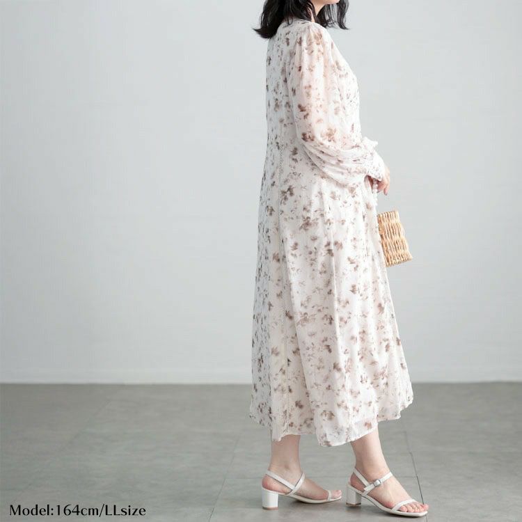 大きいサイズ レディース フラワープリントレース切替ワンピース