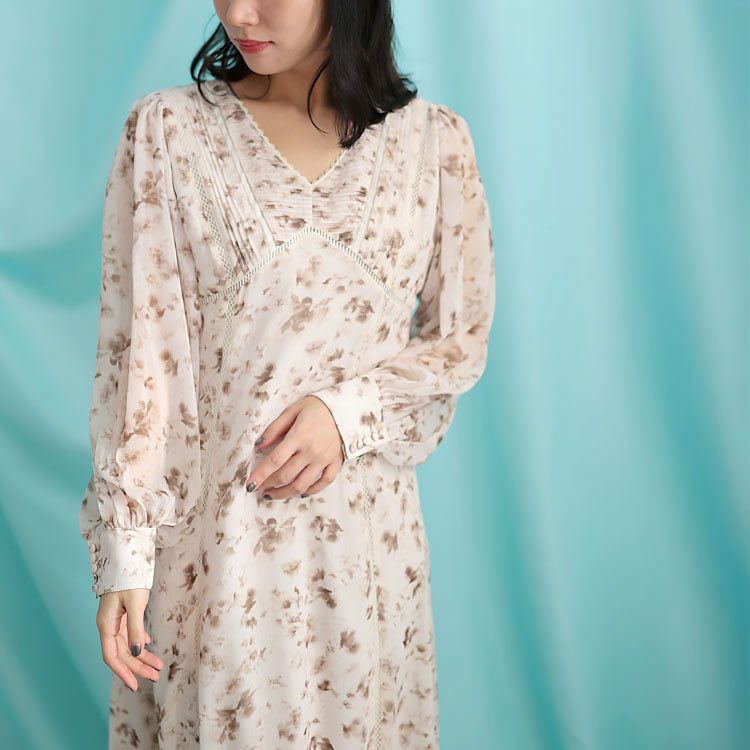 大きいサイズ レディース フラワープリントレース切替ワンピース