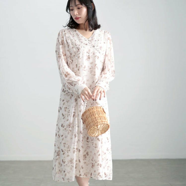 大きいサイズ レディース フラワープリントレース切替ワンピース