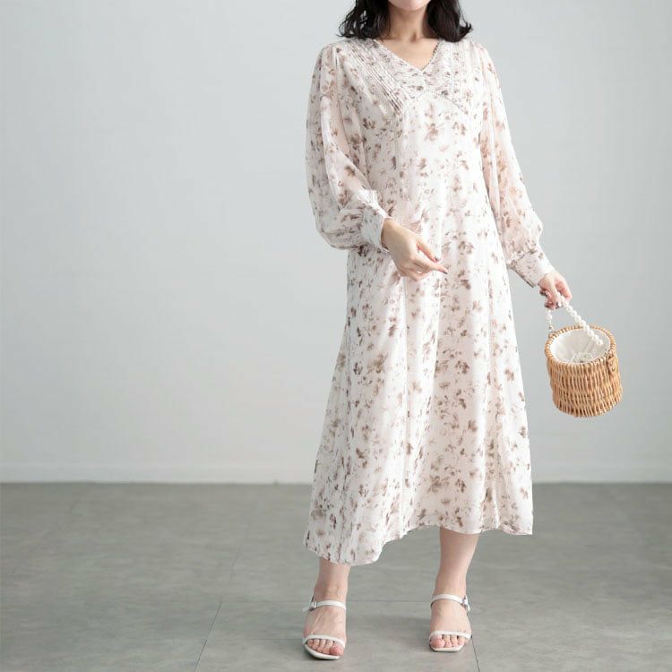 大きいサイズ レディース フラワープリントレース切替ワンピース