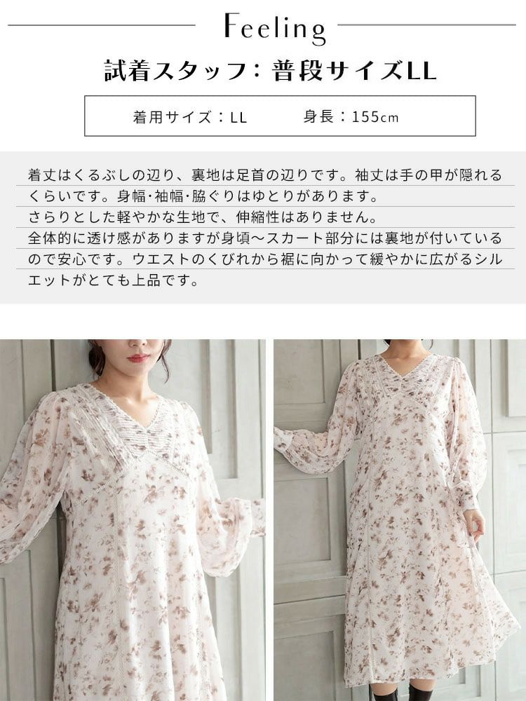 大きいサイズ レディース フラワープリントレース切替ワンピース