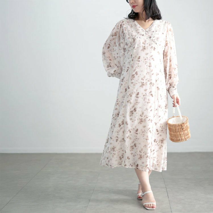 大きいサイズ レディース フラワープリントレース切替ワンピース ブラウン