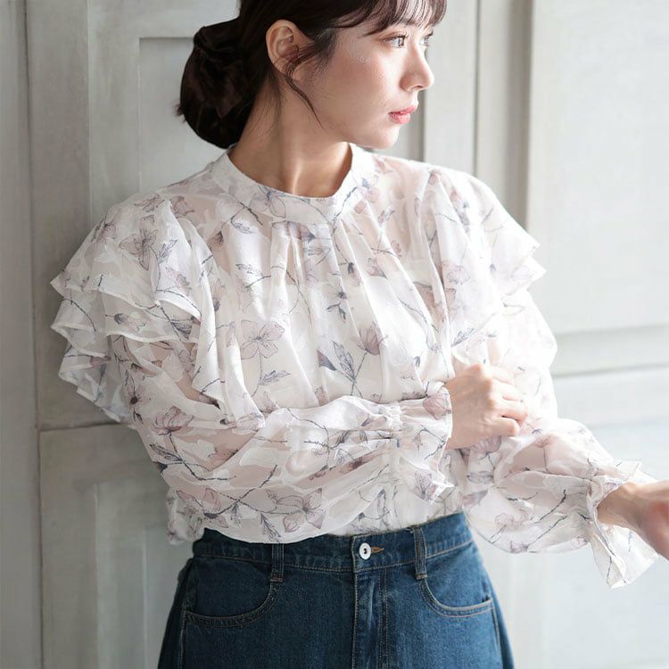 大きいサイズ レディース フラワージャガードシフォンブラウス