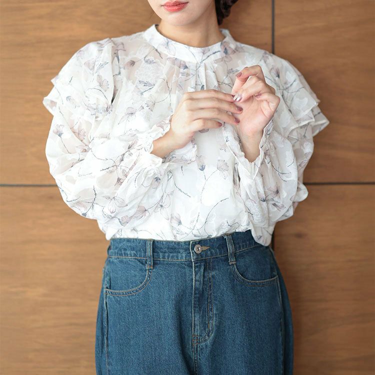 大きいサイズ レディース フラワージャガードシフォンブラウス ピンク