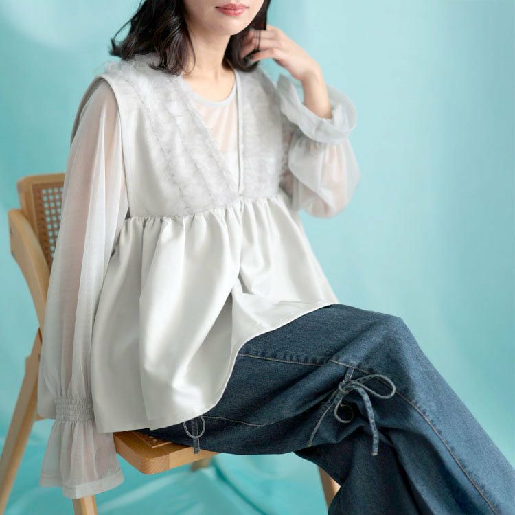 大きいサイズ レディース ペプラムベスト＆シアーブラウスセット