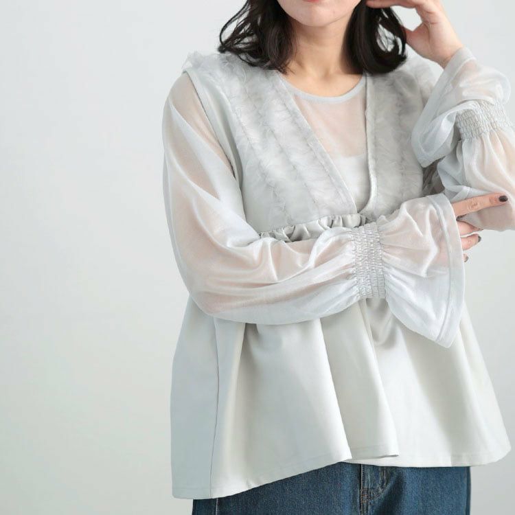 大きいサイズ レディース ペプラムベスト＆シアーブラウスセット