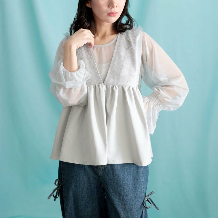 大きいサイズ レディース ペプラムベスト＆シアーブラウスセット グレー