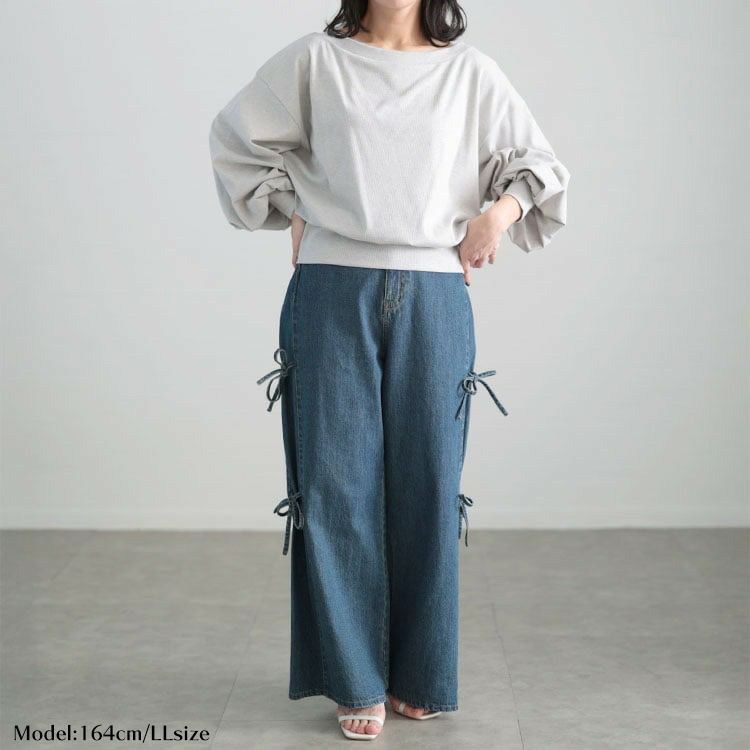 大きいサイズ レディース サイドリボンワイドデニムパンツ
