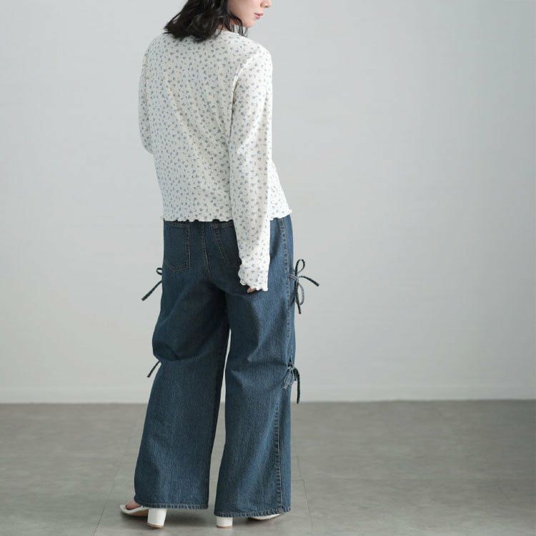 大きいサイズ レディース サイドリボンワイドデニムパンツ