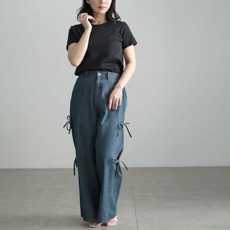 大きいサイズ レディース サイドリボンワイドデニムパンツ