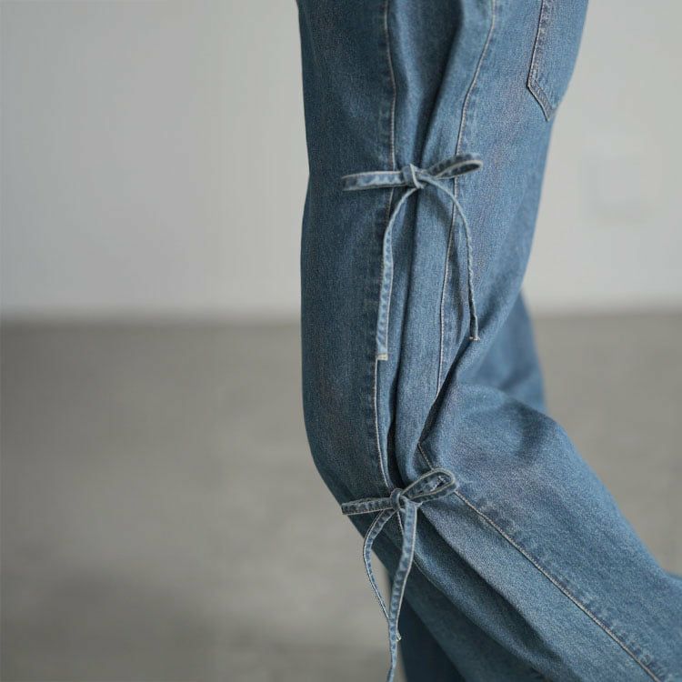 大きいサイズ レディース サイドリボンワイドデニムパンツ