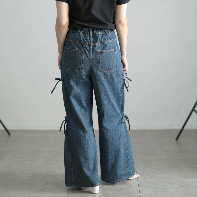 大きいサイズ レディース サイドリボンワイドデニムパンツ