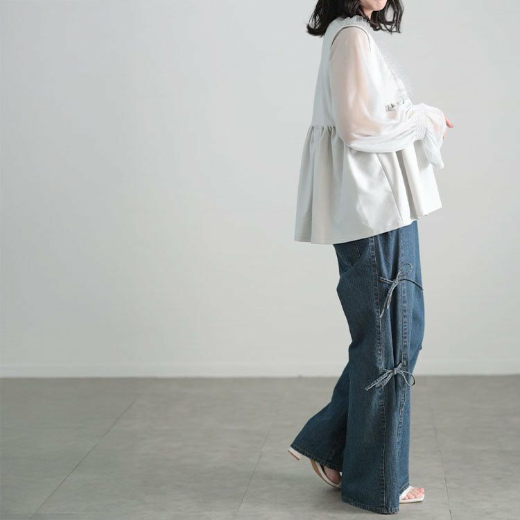 大きいサイズ レディース サイドリボンワイドデニムパンツ